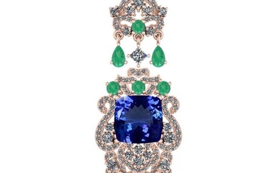 Certified 11.78 Ctw VS/SI1 Tanzanite,Emerald And Diamond 14K Rose Gold Vintage Style Necklace