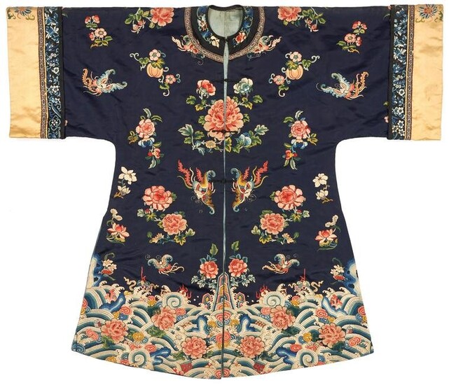 Chinese Ladies Blue Silk Court Robe, Bats and Flowers