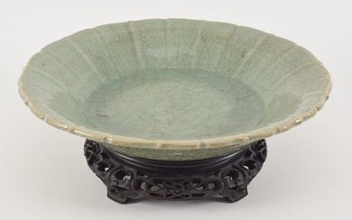 Chinese Ming period celadon petal edge lobed dish/bowl. Center with dragon decoration. Old carved