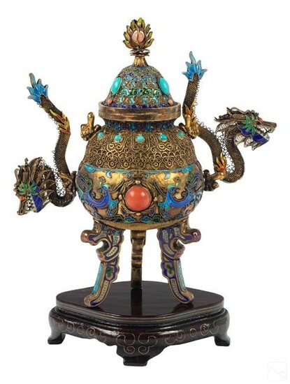 Chinese Silver Enameled Double Dragons Censer 285g
