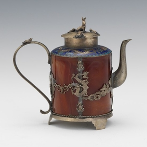 Chinese Silver Tone Metal, Cloisonné and Peking Glass Teapot