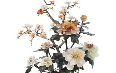 Chinese carved semi-precious stone / jade flower tree arrangement in jade planter. 20" x 15" x 18"
