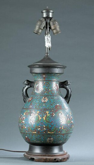 Chinese cloisonne and bronze lamp vase, 19th C.