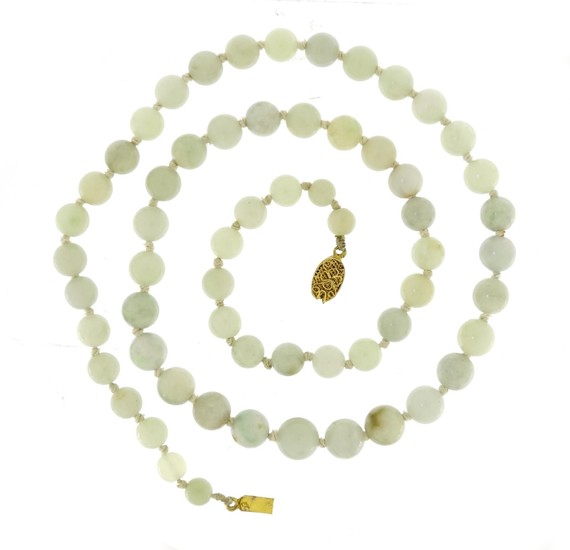 Chinese green jade bead necklace with unmarked silver gilt c...