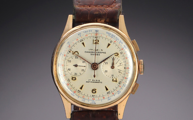 Chronographe Suisse 'Antimagnetic'. Vintage men's watch in 18 kt. gold, approx. The 1950s