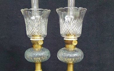Circa 1850's Brilliant Cut Glass Peg Oil Lamps with P&A burners and 1850's brass push up candle