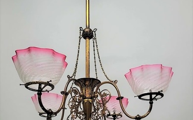 Circa 1890 Fancy Brass 4 arm gas fixture / gasolier with lots of brass decoration & set of 4 deep
