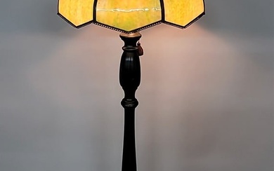 Circa 1920's Slag Glass Floor Lamp w/ Turned Wood Base - h 67" dia. Shade 21". All glass in good