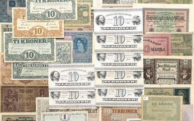 Collection of banknotes and securities from e.g. Denmark, USA, Italy, Estonia, Germany,...