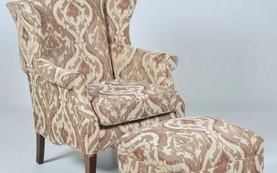 Contemporary upholstered wing chair w/ ottoman