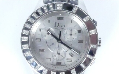 DIOR. Montre chronographe modèle Cristal acier. Réf.CD 114818. Lunette ronde crantée ornée de diamants, cristal...