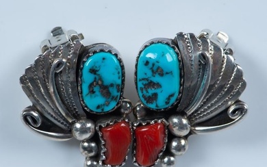 Danny Clark Navajo Sterling, Turquoise & Coral Clip Earrings
