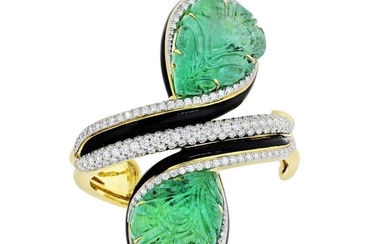 David Webb Crossover Platinum & 18K Yellow Gold Carved Emerald And Diamond Bracelet