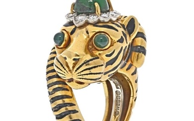 David Webb Platinum & 18K Yellow Gold Green Emerald And Diamond Tiger Ring