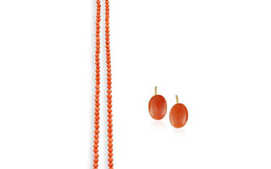 Description A CORAL BEAD NECKLACE WITH MATCHING EARRINGS, composed...