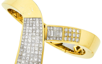 Diamond, Gold Bracelet The hinged bangle features square brilliant-cut...