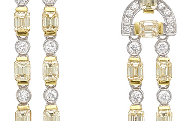 Diamond, Gold Earrings Stones: Full and emerald-cut diamonds weighing...