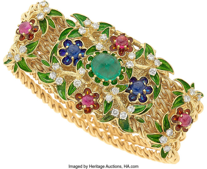 Diamond, Multi-Stone, Enamel, Gold Bracelet Stones: Emerald, sapphire, and...