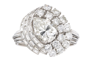 Diamond, Platinum Ring Stones: Pear-shaped diamond weighing 1.65 carats;...