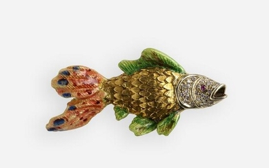 Diamond, ruby, enamel, and gold fish brooch