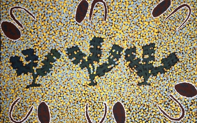 Dolly Joy BENNY (1970). Composition aborigène. Acrylique sur toile signée au dos. 91 x 61...