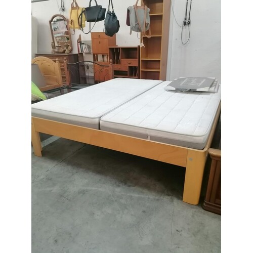 Double Light Wood Bed with 2 x Single Mattress (W:180cm x L:...