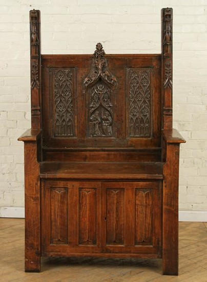 EARLY 19TH C. GOTHIC STYLE CARVED OAK BENCH