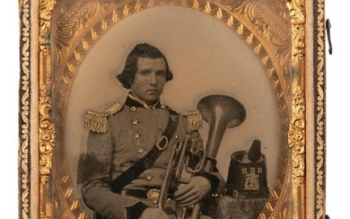 [EARLY PHOTOGRAPHY]. Sixth plate ambrotype of a brass band musician.