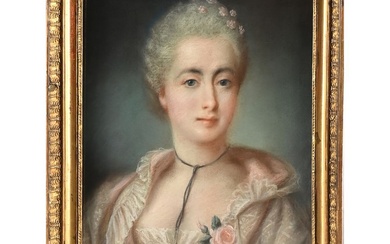 ÉCOLE FRANCAISE fin XVIIIè ou début XIXè. «Portrait d’une élégante à la rose». Pastel dans...
