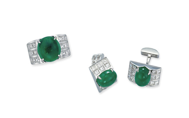 EMERALD AND DIAMOND RING AND CUFFLINK SET