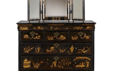 ENGLISH JAPANNED CHEST-ON-STAND, FIRST HALF 18TH CENTURY, THE JAPANNING LATER