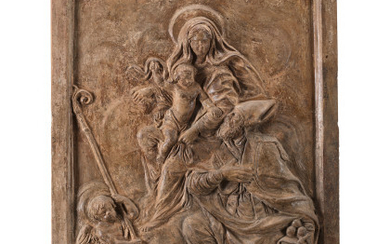 Early 19th-century art "Virgin and Child with Saint Nicholas and Saint John" terracotta high relief (cm 67x50) (defects)