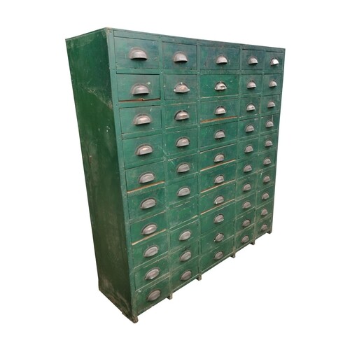 Early 20th C. painted pine bank of fifty drawers with origin...