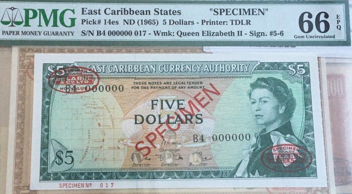 East Caribbean States - 5 dollars ND (1965) - specimen no.17 - TDLR print - Pick 14es