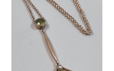 Edwardian 9ct gold peridot and seed pearl pendant on fine li...