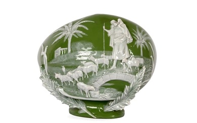 Egg-shaped vase with heart-shaped recess, depicting the Good Shepherd, in the style of Wedgwood