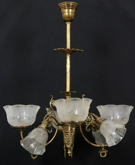 Eight Arm Brass Chandelier with Matching Shades