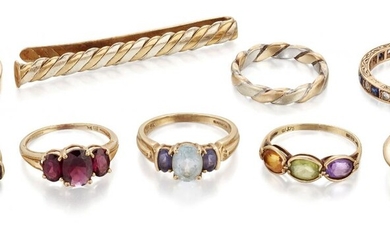Eight various 9ct gold and gem synthetic gem rings and a 9ct gold tie slide, rings include: a 9ct gold, pear shaped green and pink tourmaline cross over ring with brilliant-cut diamond five stone centre; a 9ct gold garnet three stone ring; and a...
