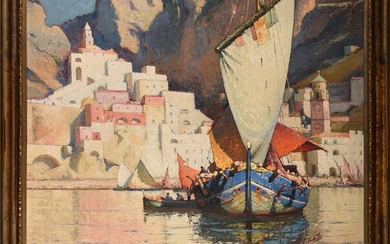 Emile BEAUSSIER (1874- 1944) Port en Italie Huile sur panneau 100 x 110 cm