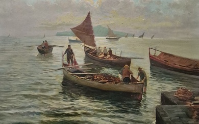 Emmanuel Costa (1833-1921) - Marina di Napoli con barche e pescatori