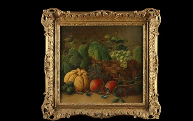 English School (19th century), Still life of fruit in a basket, oil on canvas, 16 x 17in (40.5 x 43cm)