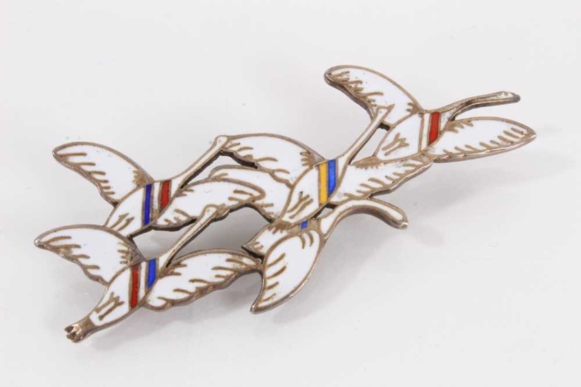 Erik Magnussen Danish silver and enamel flying geese brooch, signed to reverse, 6cm