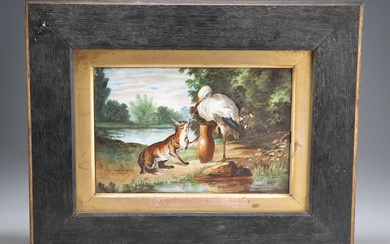 FABLES D'ESOPE, PLAQUE DE PORCELAINE CONTINENTALE DU 19E SIÈCLE du 19e siècle, peinte avec le...