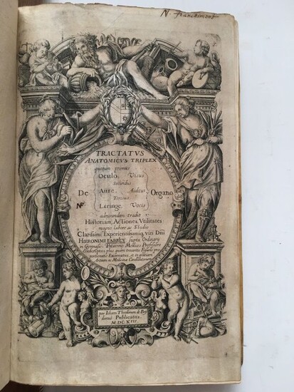 FABRIZI d'ACQUAPENDENTE (Girolamo). Tractatus anatomicus triplex. De Oculo De Aure De Laringe organo magno labore ac studio Hieronimi Fabricy. S.l., per I. Th. de Bry denuo publicatus, 1613. In folio, [4] f. (including the engraved title), 163 p...