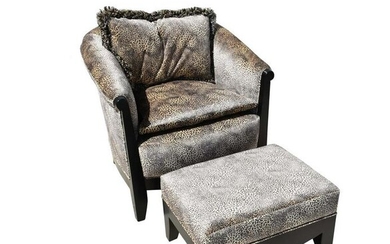 FAUX LEOPARD UPHOLSTERED EBONIZED CLUB CHAIR & STOOL