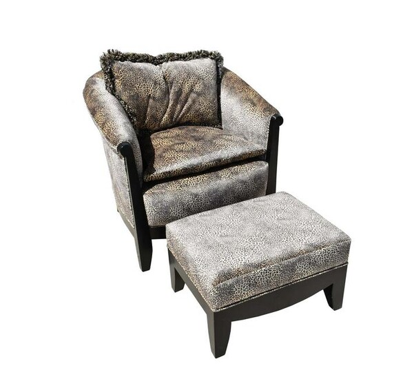 FAUX LEOPARD UPHOLSTERED EBONIZED CLUB CHAIR & STOOL