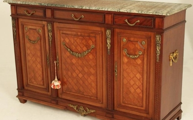 FRENCH MAHOGANY BRONZE MTD MARBLE TOP SIDEBOARD