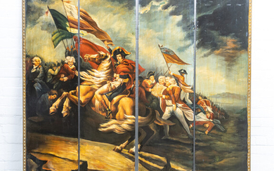FRENCH REVOLUTIONARY SCENE, OIL PAINTED WOOD FOLDING SCREEN H 72" W 68"
