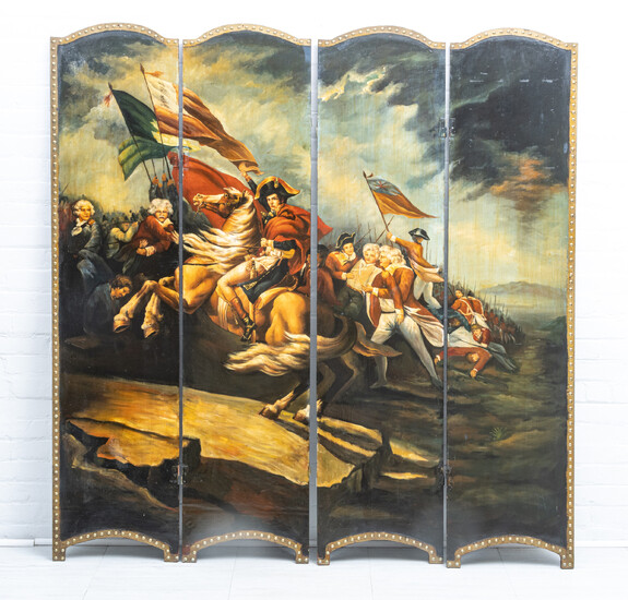FRENCH REVOLUTIONARY SCENE, OIL PAINTED WOOD FOLDING SCREEN H 72" W 68"