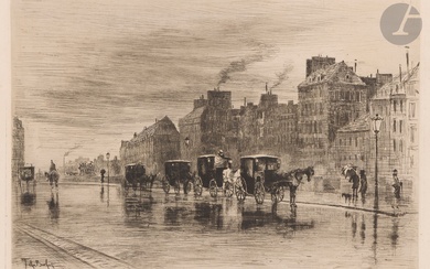 Félix Buhot (1847-1898) Une matinée d’hiver, quai de l’Hôtel-Dieu, ou Les Fiacres. Eau-forte et pointe...